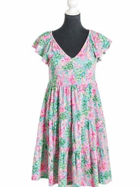 Lilly Pulitzer Floral Tiered Mini Dress XXS Pink Blue Cotton Flutter Sleeve
